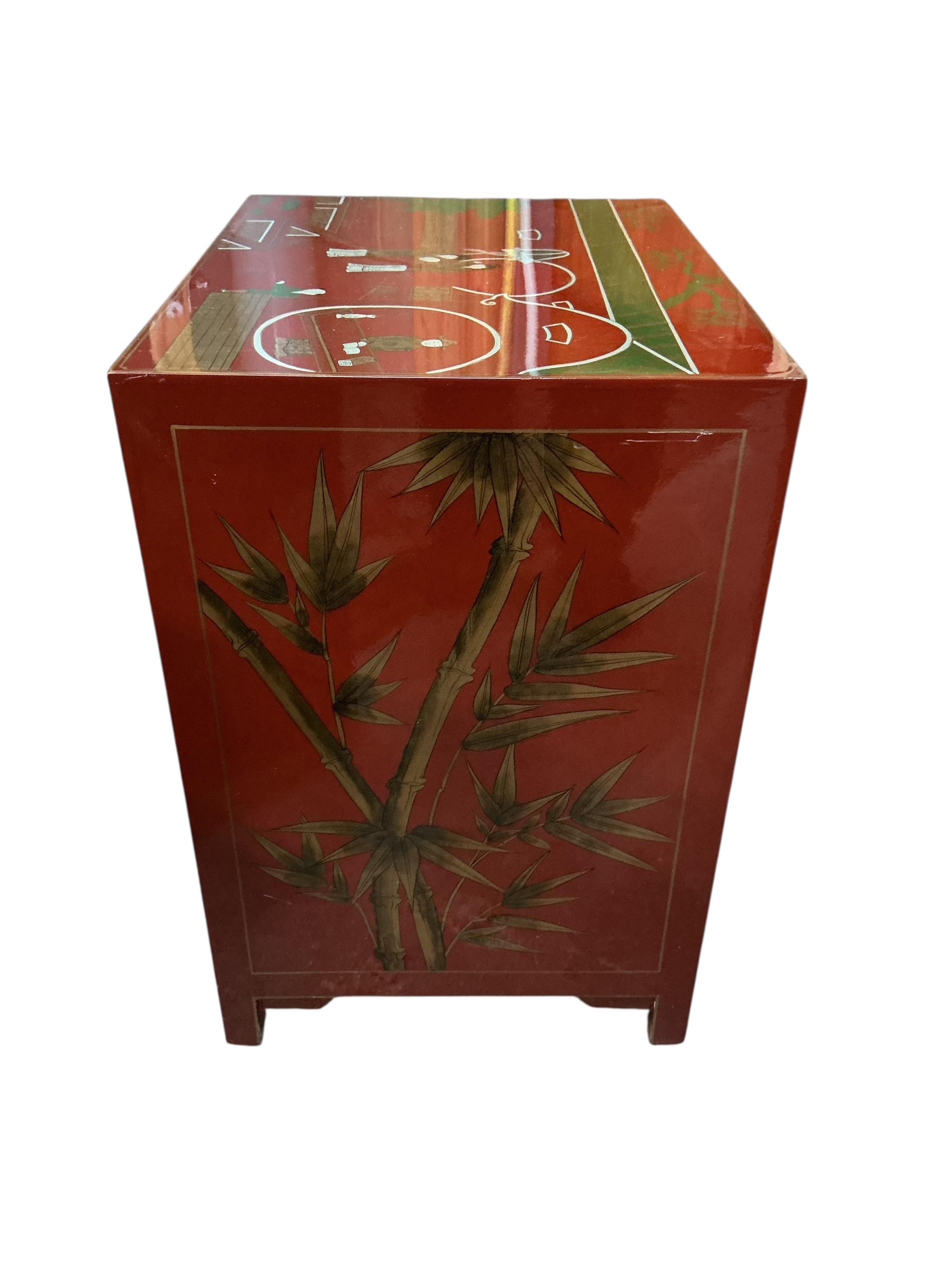 A pair of Chinese scarlet lacquer bedside chests, width 50cm, depth 40cm, height 61cm